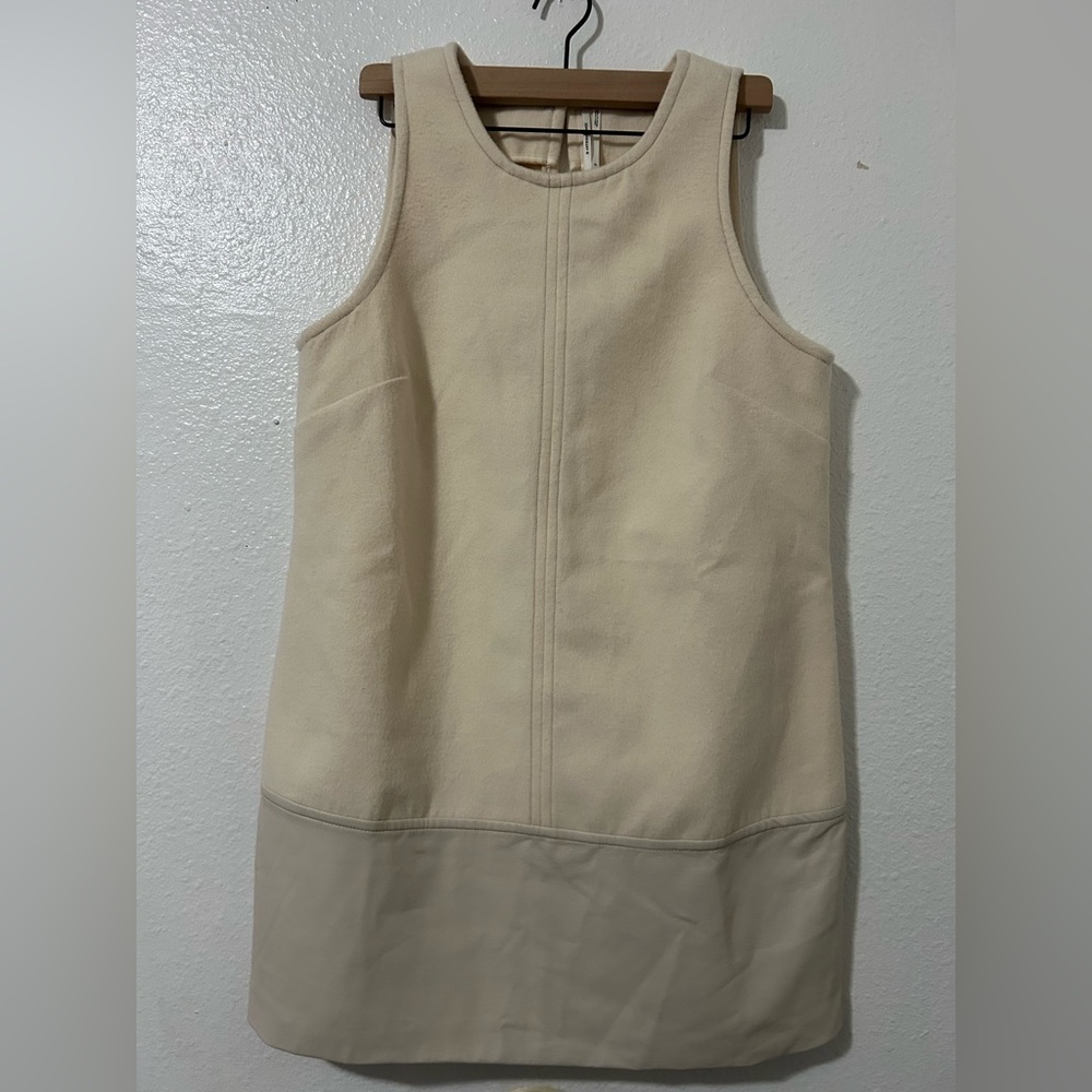 Anthropologie Cream Sleeveless Shift Dress w/ Faux Leather Hem LP - Picture 3 of 8